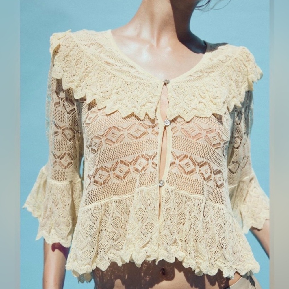 Zara Cream Crochet Lace Peplum Blouse